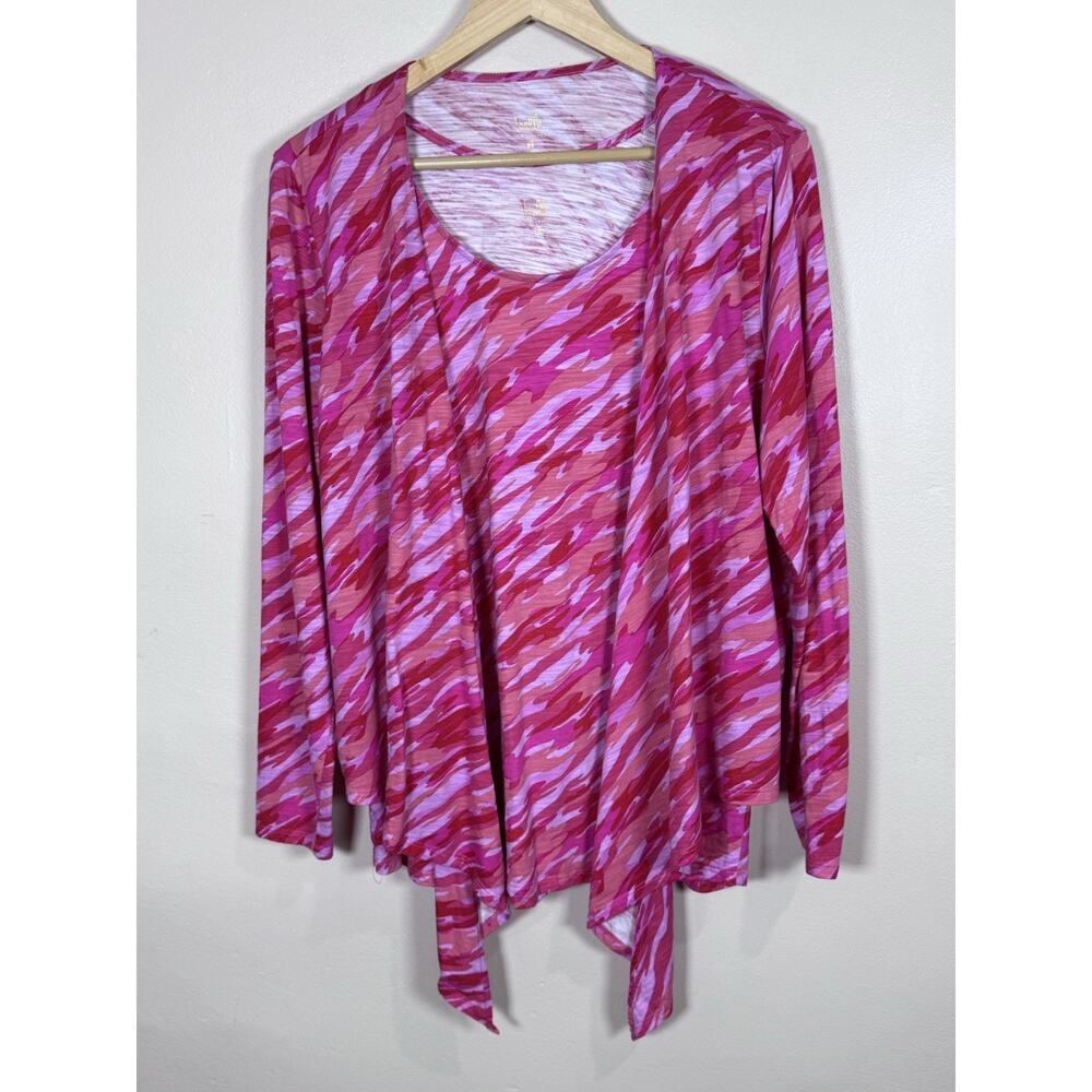 Belle by Kim Gravel Printed Slub Knit Cardigan Shrug & Tank Set Pink Abstract L